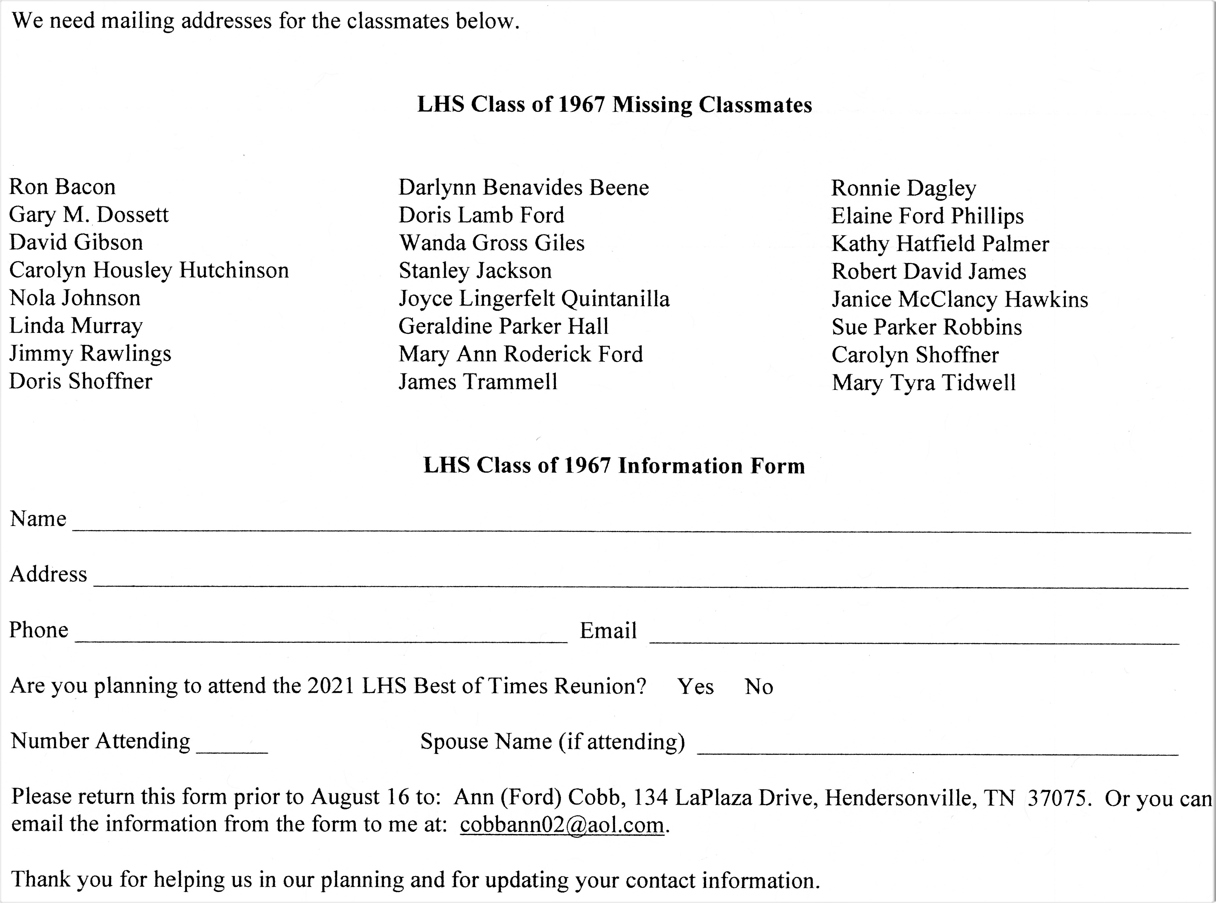 2021 Class 0f 67 Info Form