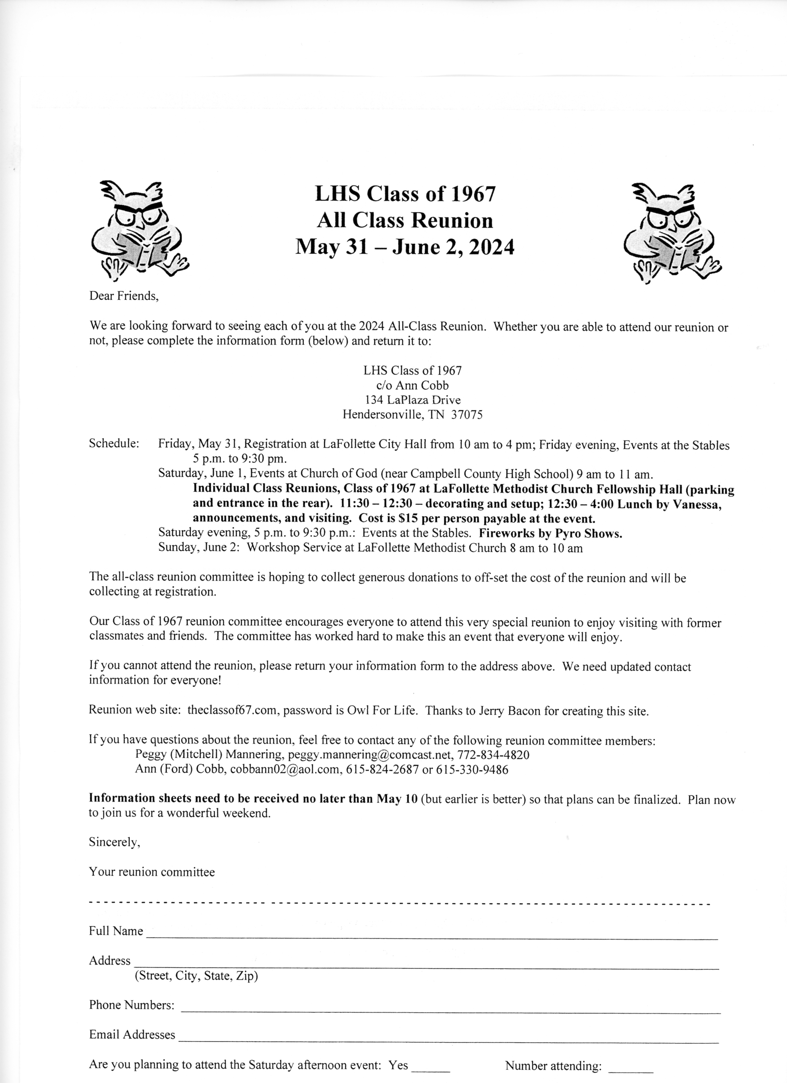 2024 Class of 67 Itinerary Sign-up